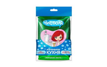 Губка поролоновая для посуды 115х75х15 мм, в оболочке с нерж. нитью, зел., 1 шт/упак "Чистюля" 15 упак/кор РОССИЯ