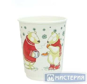Стакан бумажный 250 мл 2 сл., d80 мм, диз. "Белые мишки", карт., 20 шт/упак 500 шт/кор РОССИЯ 220039